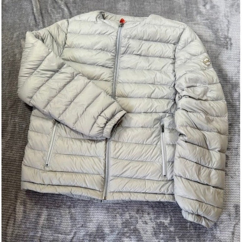 Michael Kors Mens Packable Down Puffer Jacket Gray Orange Lining Size M MK Logo